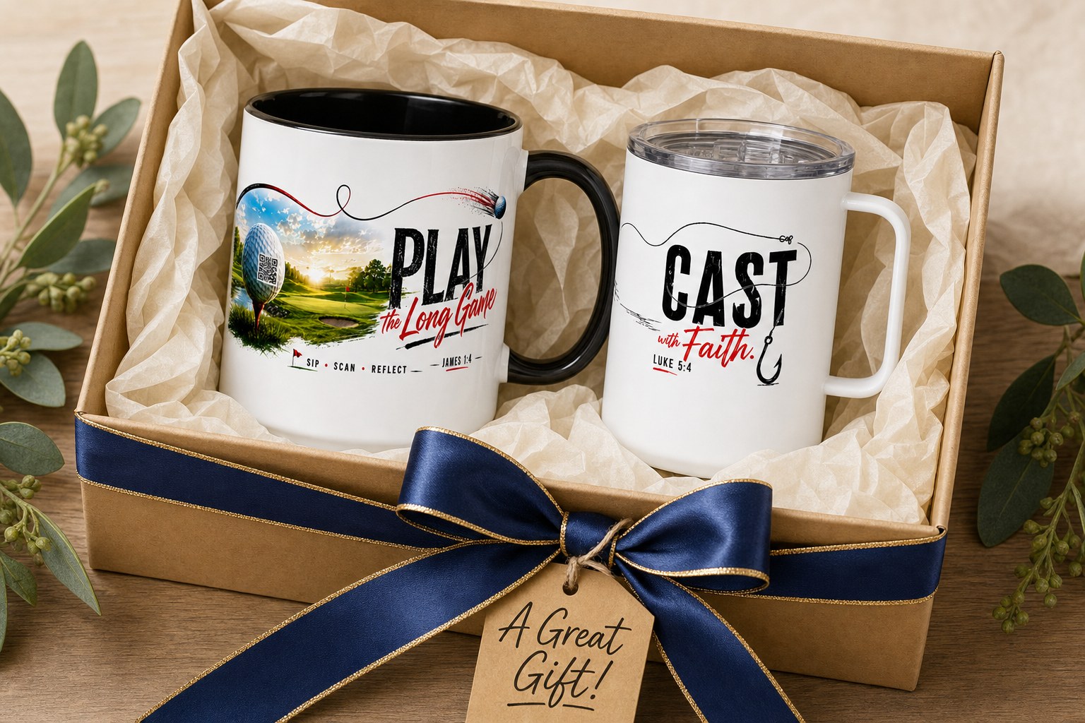 Play the Long Game mug and Cast with Faith 12oz stainless mug gift-wrapped in a kraft box with a navy and gold ribbon